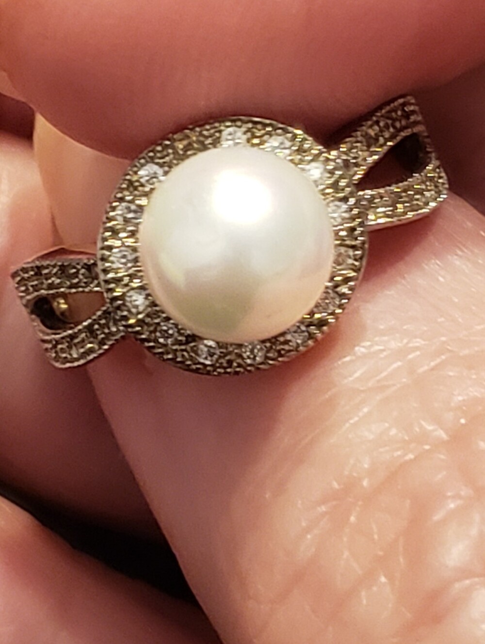 NEW Genuine Large White Pearl Stamped Sterling Ring, Sz 6 Accent Stones In Band